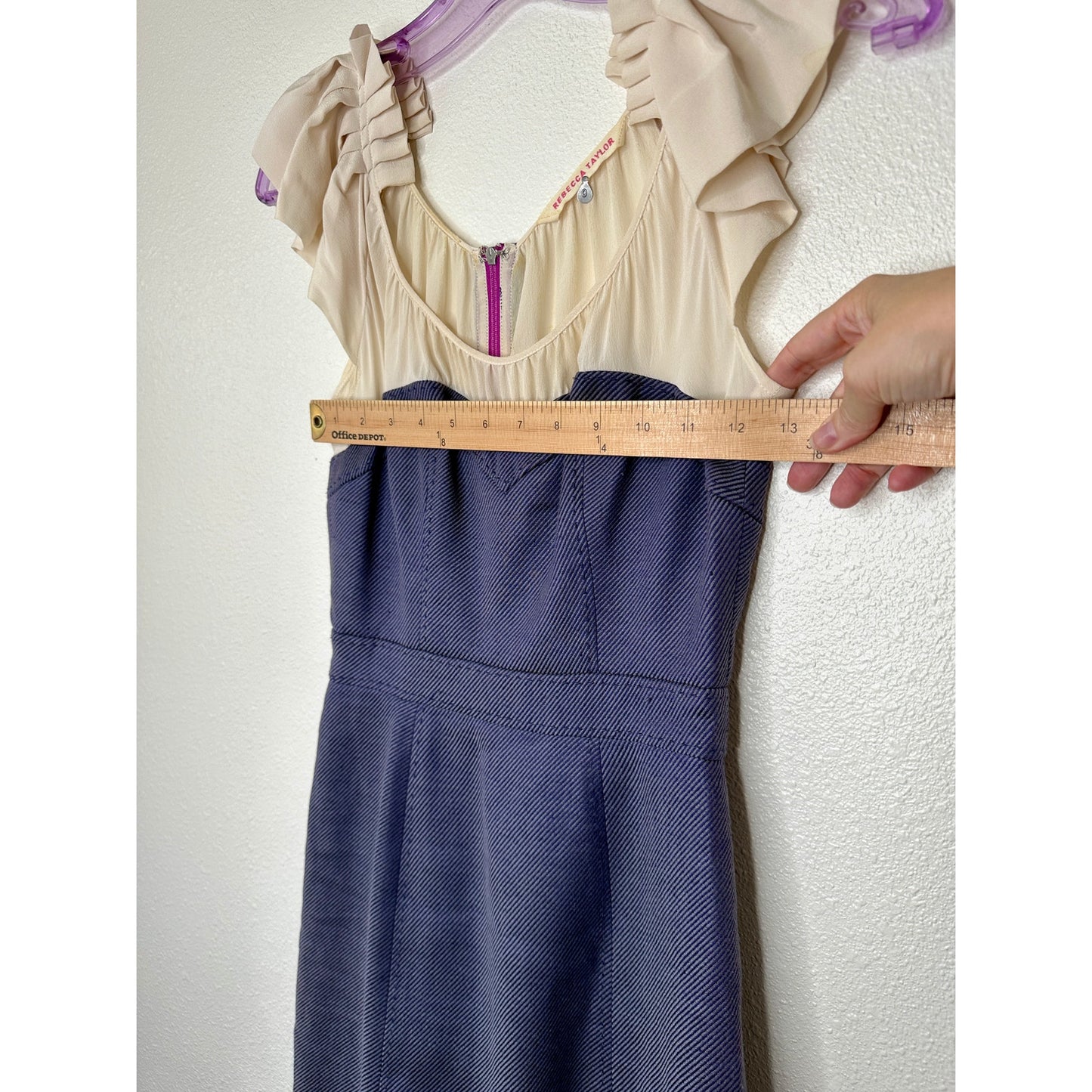 Rebecca Taylor Cream Ruffled Pleat Shoulder Blue Jean Stripe Linen Sheath Dress 0