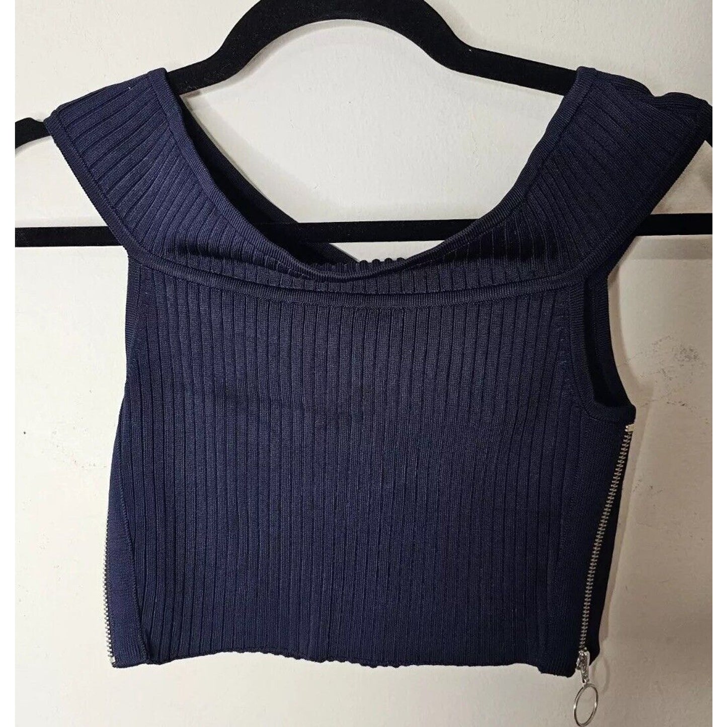 Arc Navy Blue Off Shoulder Ribbed Sweater Silver Side Zip Crop Top P S