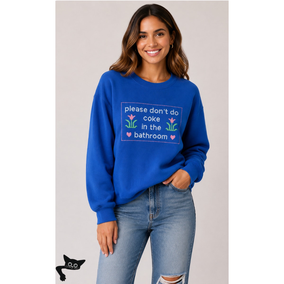 Royal Blue Please Don't Do Coke In The Bathroom Graphic Pullover Sweatshirt Med