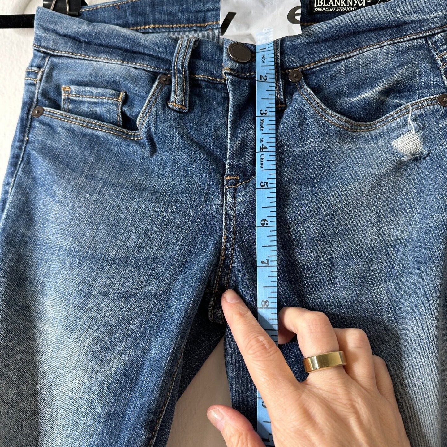 Blank NYC High Cuff Straight Medium Wash Distressed Jeans Low Rise Stretch 24