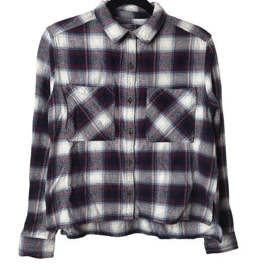 Black Red Blue White Plaid Cropped Long Sleeve Flannel Button Down Shirt M