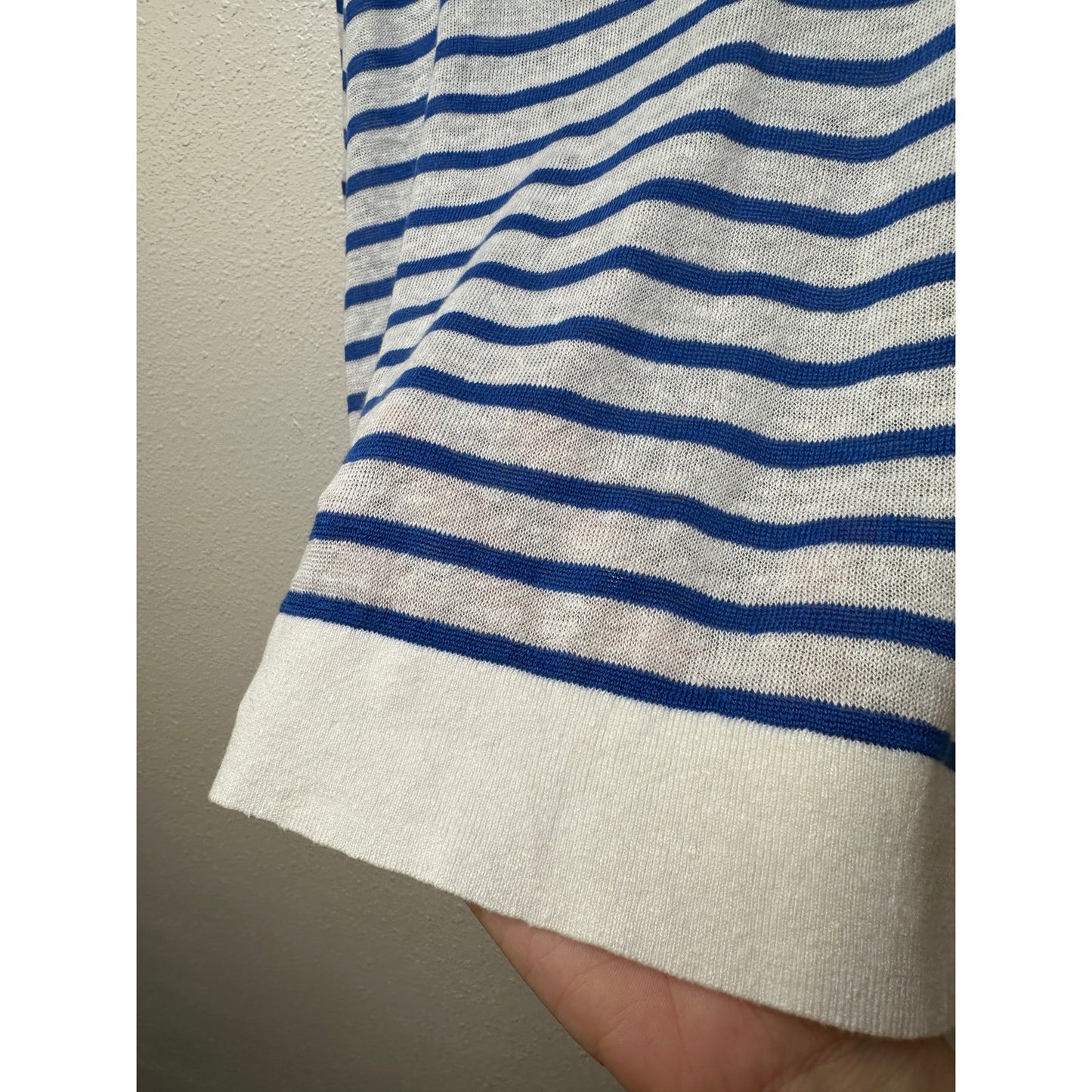 Poetry Ivory Blue Striped Linen Knit Collared V-Neck Boxy Sweater US 12