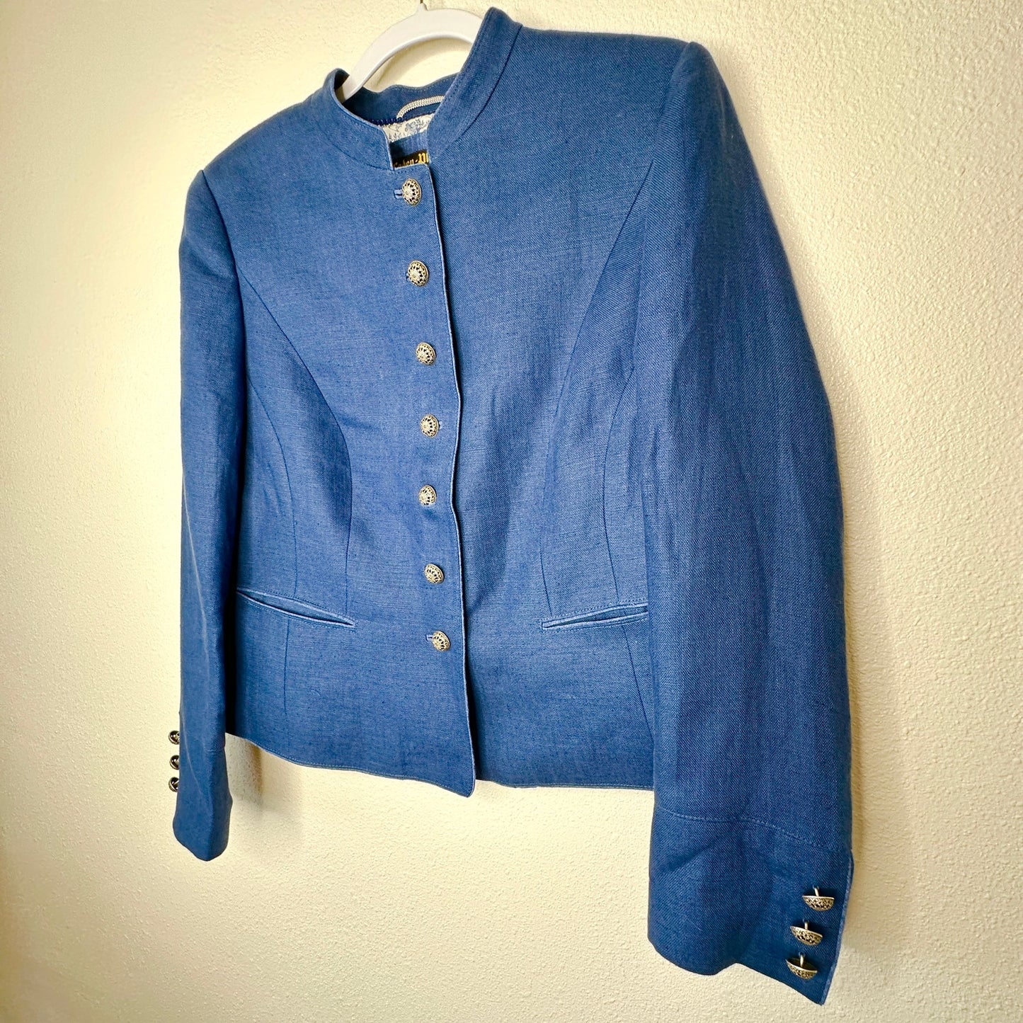 Loden Plankl Denim Blue Linen Band Neck Silver Floral Decorative Buttons Blazer Jacket