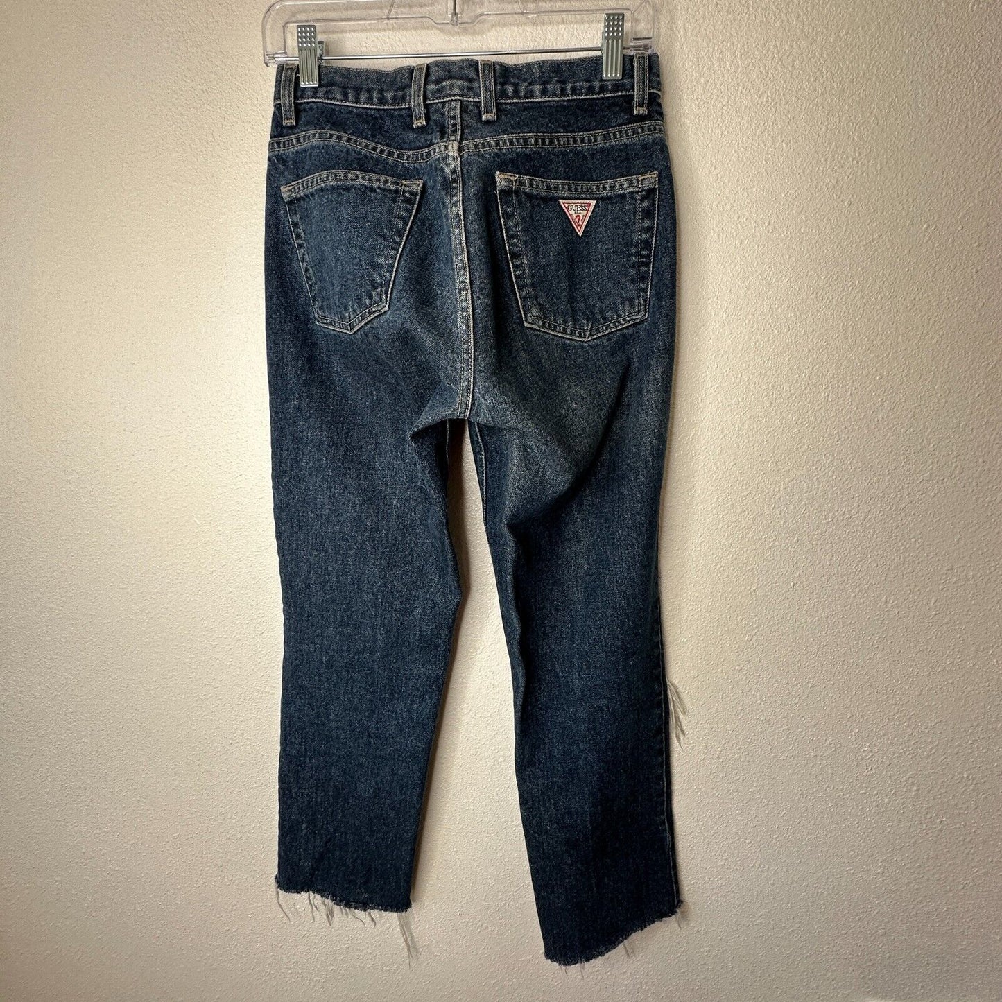 Guess Dark Blue Wash Distressed Slim Leg Raw Hem Denim Jeans 28