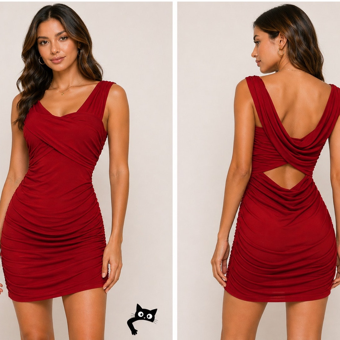 Guess Deep Red Ruched Draped Off-Shoulder Cross Back Mini Dress S