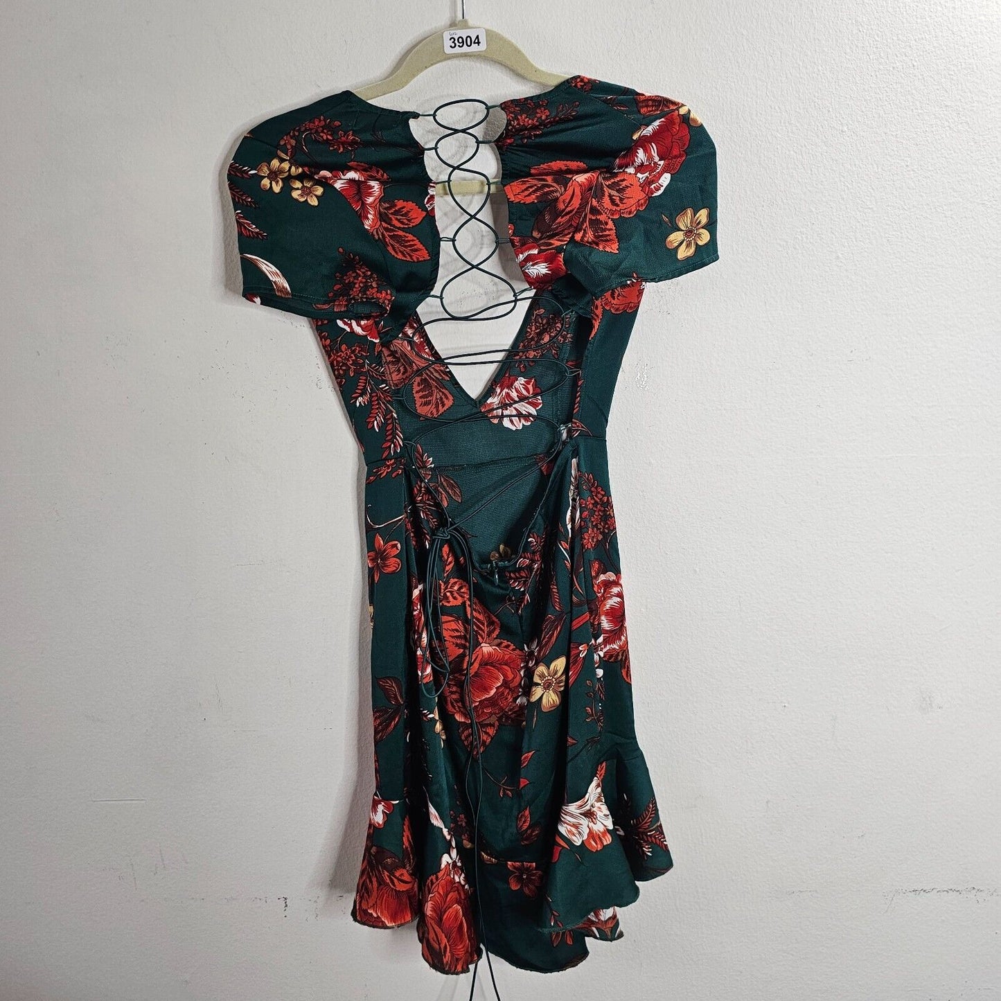 Pretty Little Thing Emerald Green Floral Criss Cross Back Frill Hem Dress 4