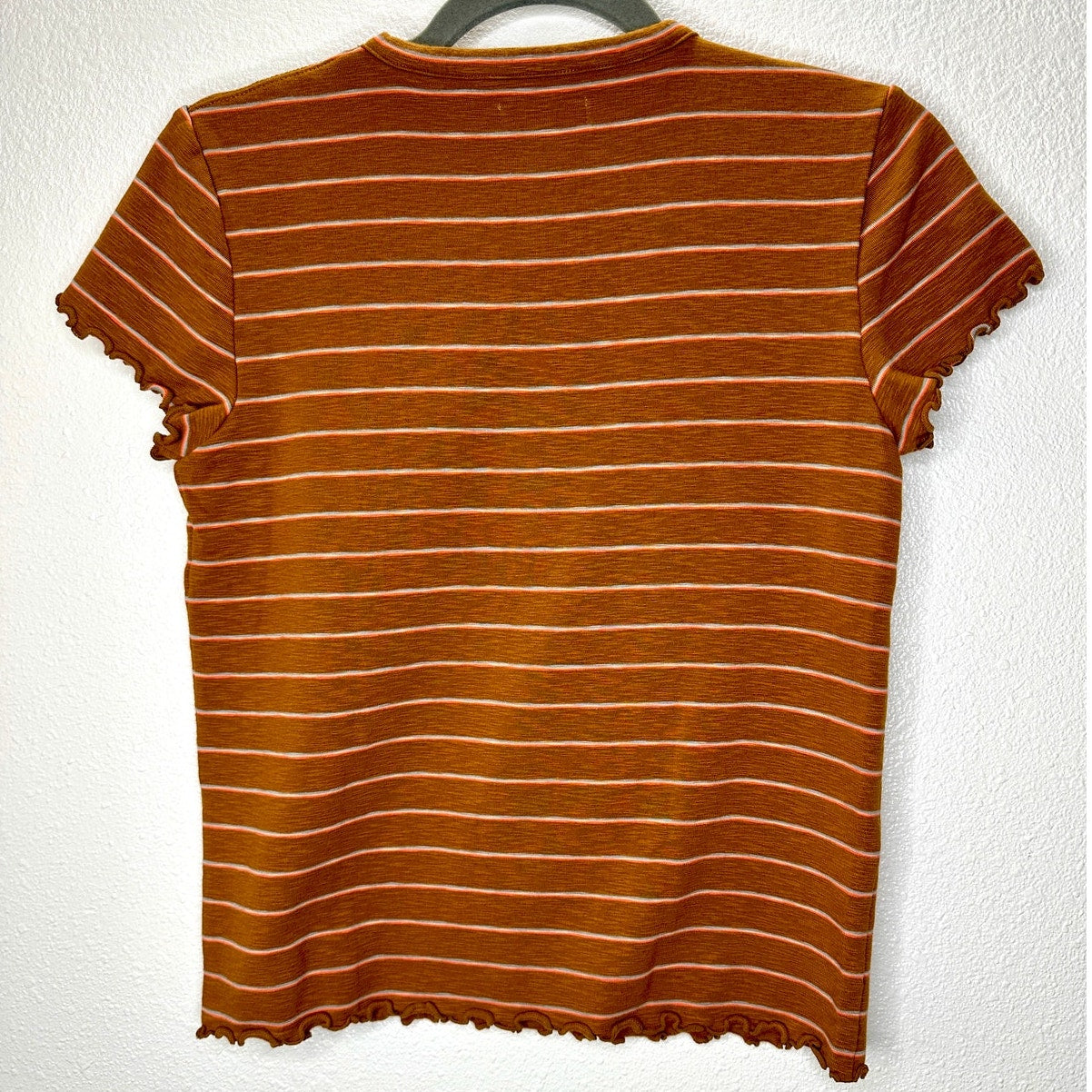 Madewell Rust Brown Peach Blue Stripe Short Sleeve Lettuce Hem Shirt M