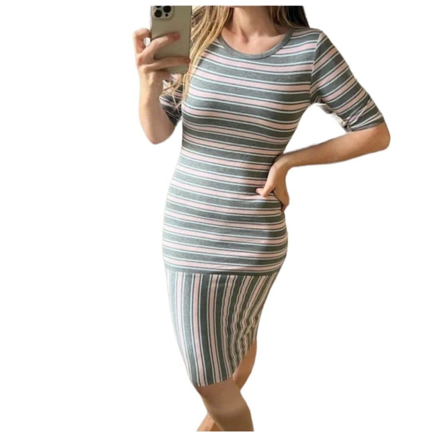 Julia Midi Gray-Stripe Short Sleeve Pullover Stretch Bodycon Dress XXS