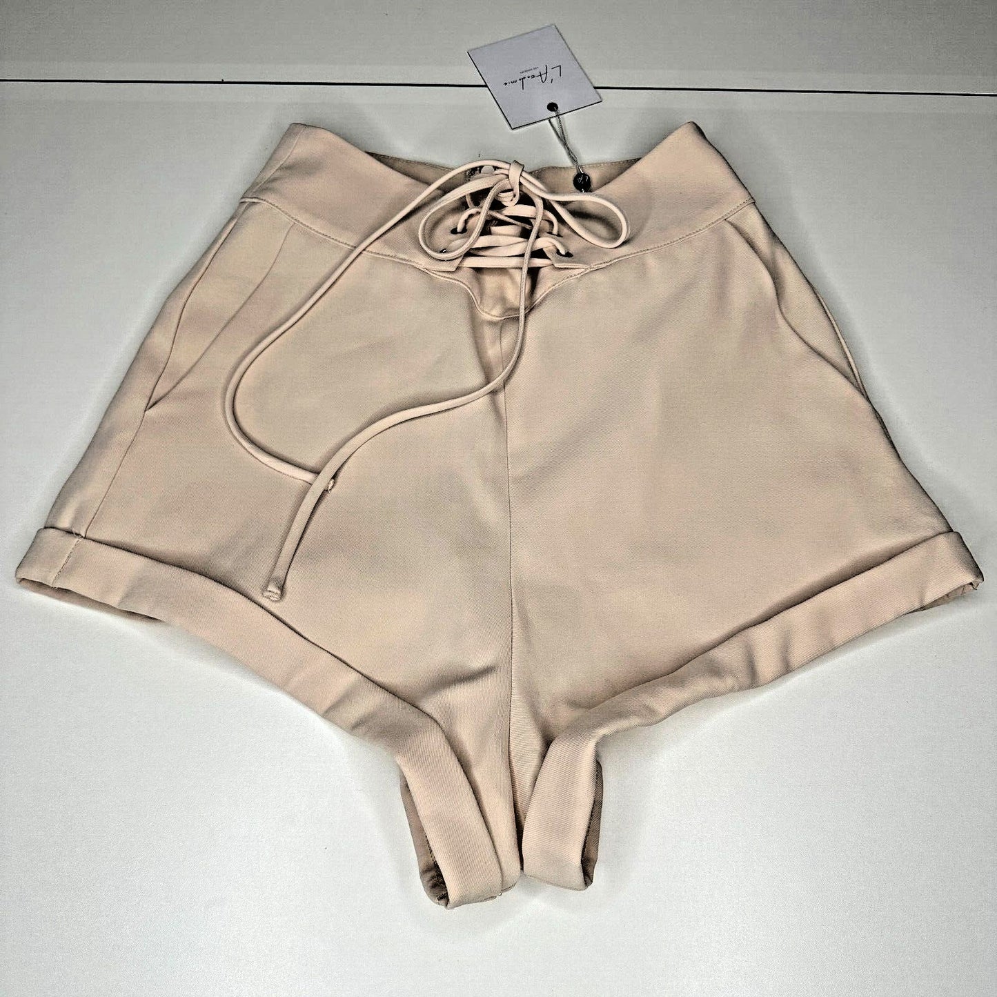 NWT L'Academie Tan Romance Shorts Cuffed Zip Back Front Grommet Lace-Up XS