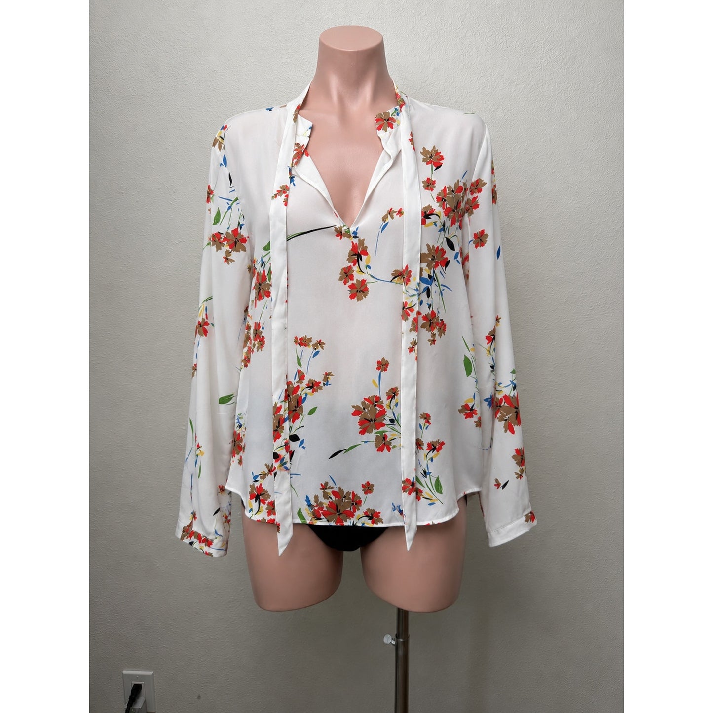 Off White Red Brown Blue Floral Long Sleeve Tie Neck Blouse Top L
