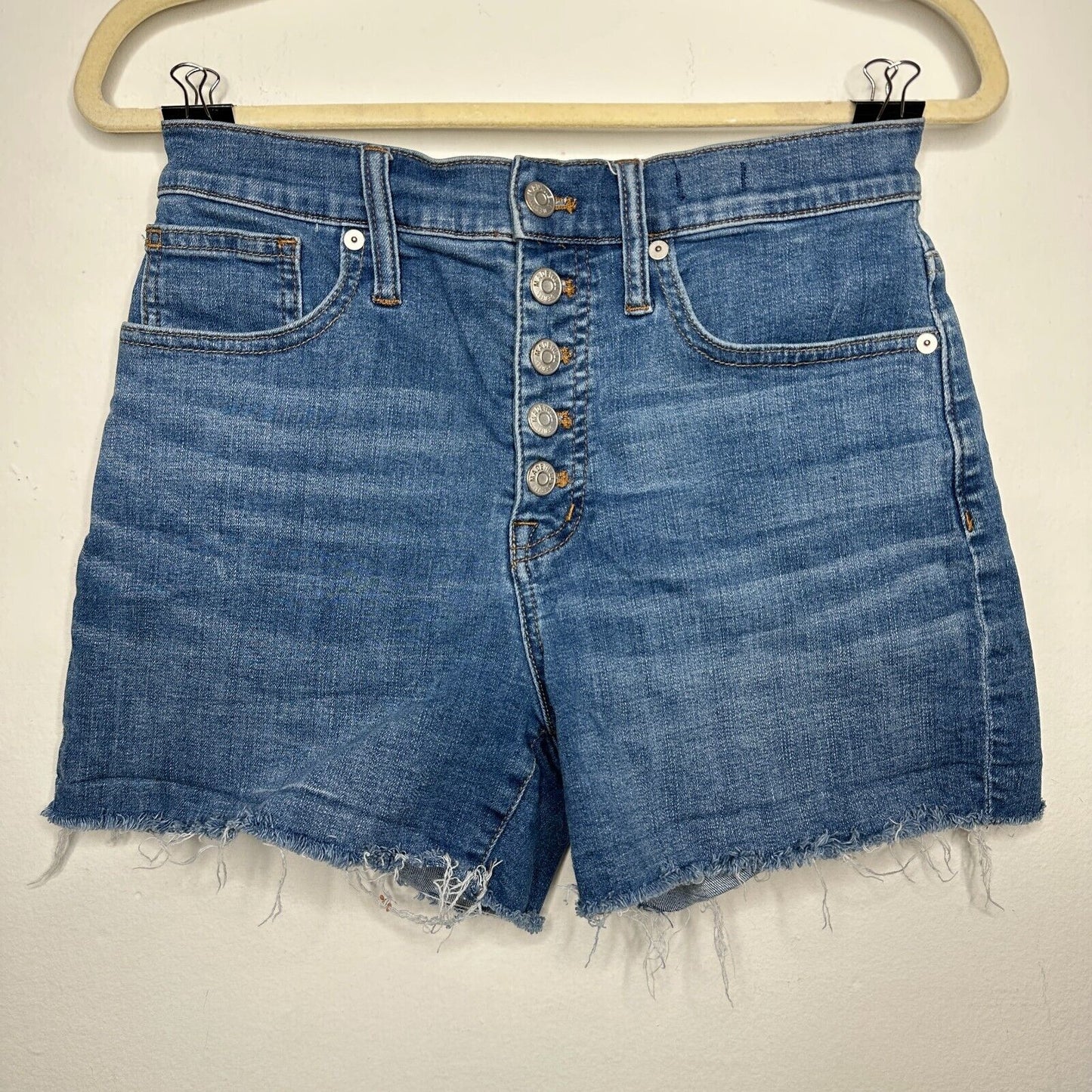 Madewell High Rise Denim Button Fly Shorts Derby Medium Wash Raw Cuffs 26