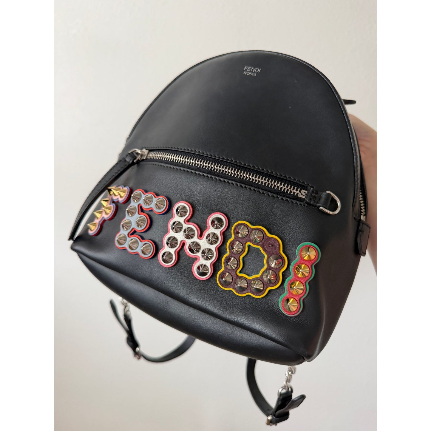 Fendi Roma Mini By The Way Leather Backpack Black Silver Gold Studded Logo Bag
