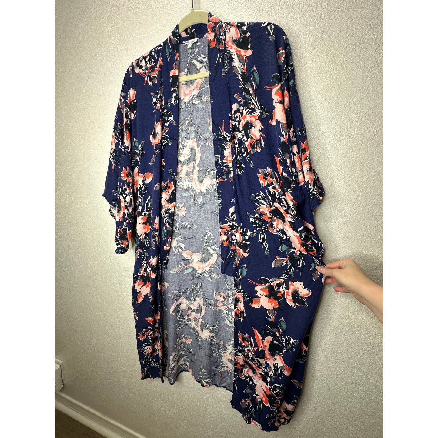 Splendid Navy Orange Ivory Multi Floral Short Sleeve Kimono Duster S