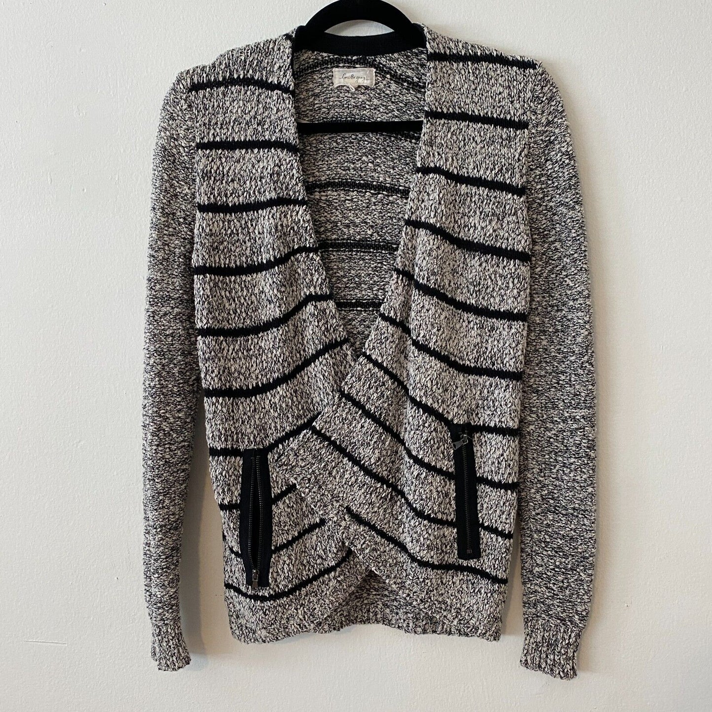 Lou & Grey Chunky Knit Black & Gray Off White Stripe Open Cardigan Zip Pocket XS