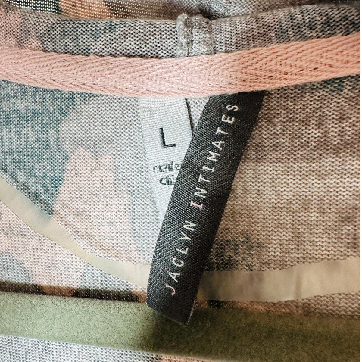 Jacqueline Intimates Blue Teal Pink Camo Hooded Sweater Top L