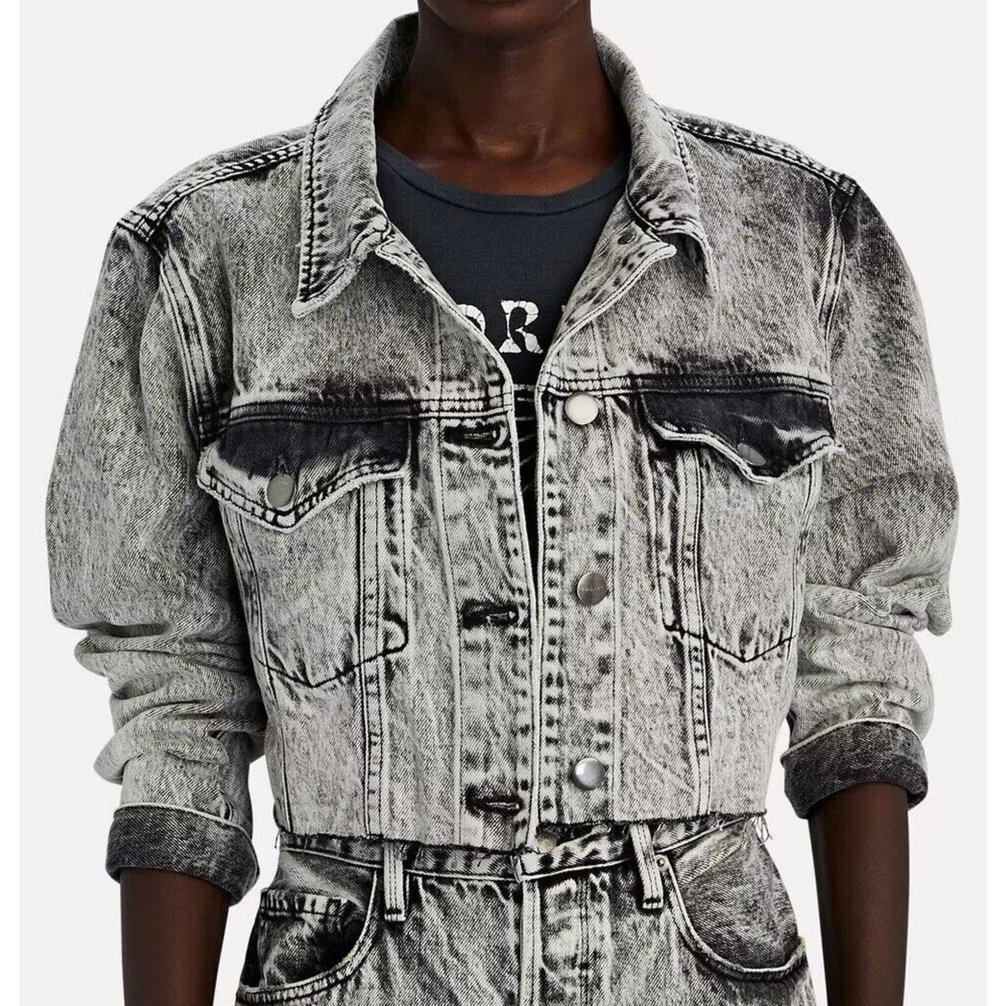 Frame Stonewashed Gray Faded & Distressed Crop Jacket Front Button Raw Hem S