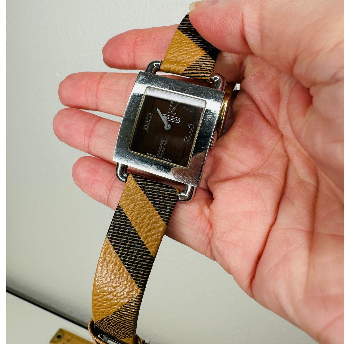 Coach Silver Square Bronze Face Watch Tan Plaid Watchband