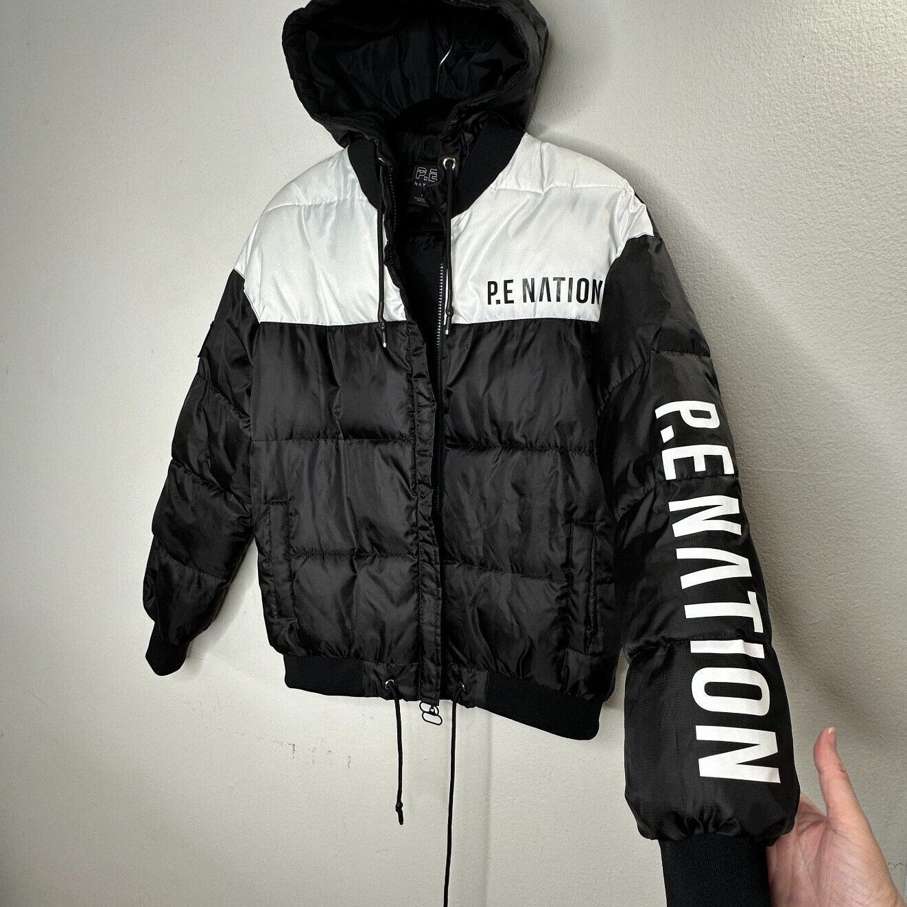 PE Nation Black & White Lead Right Logo Print 004 Zip Lined Puffer Jacket XS