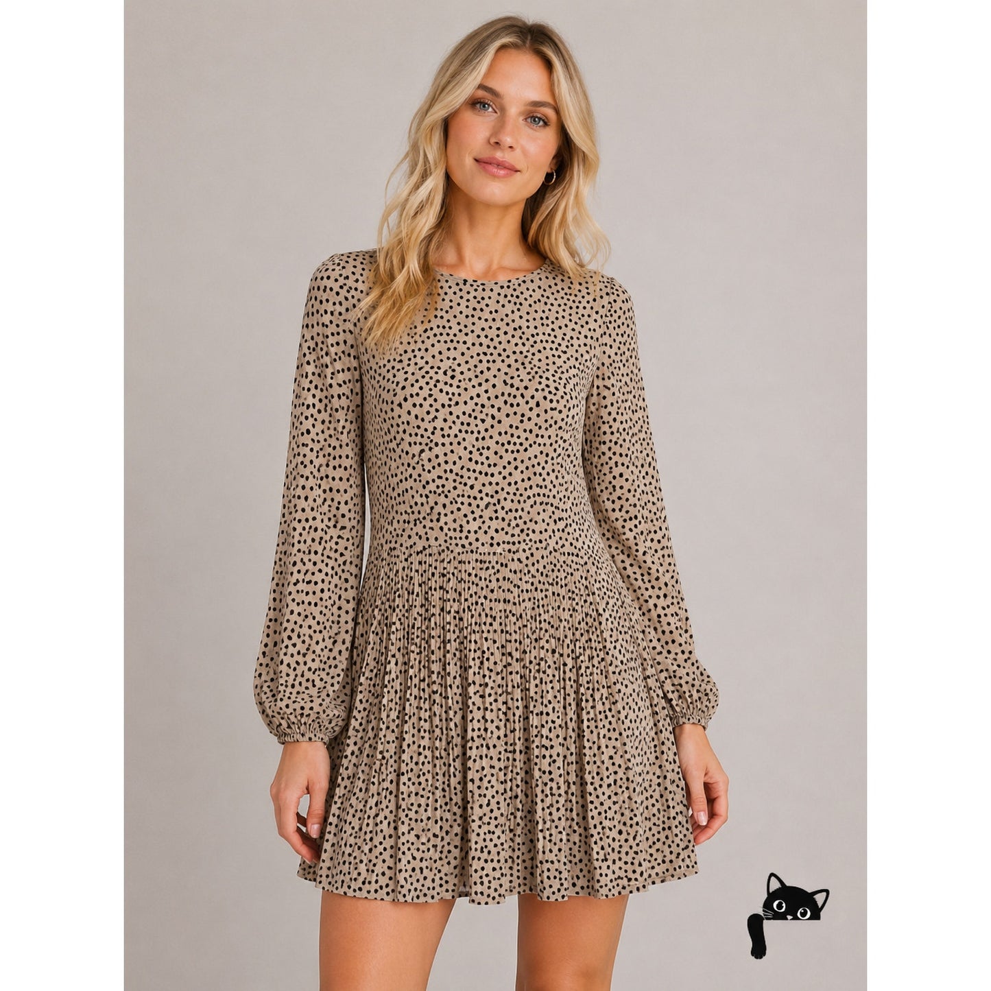 Stradivarius Beige Black Polka Dot Mini Pleat Balloon Sleeve Round Neck Dress