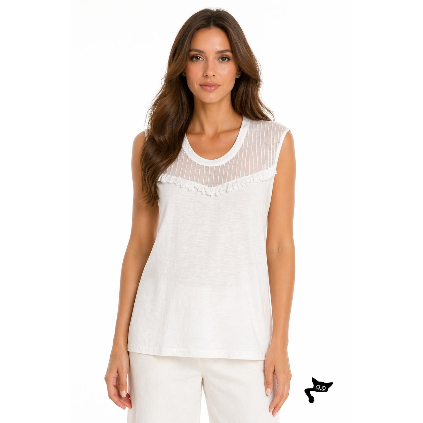 Pepin White Sheer Mesh Tassel Sleeveless Top Scoop Neck Linen Blend