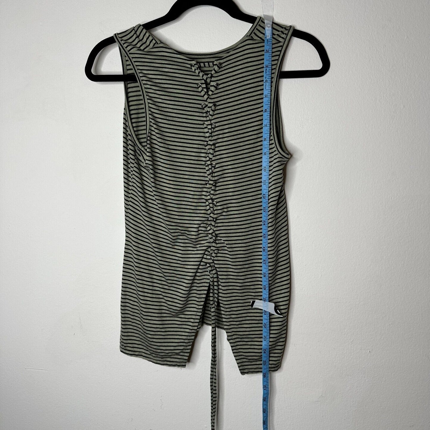 Peyton Jensen Olive & Black Strip Lace Up Back Crew Neck Sleeveless Tank Top XS