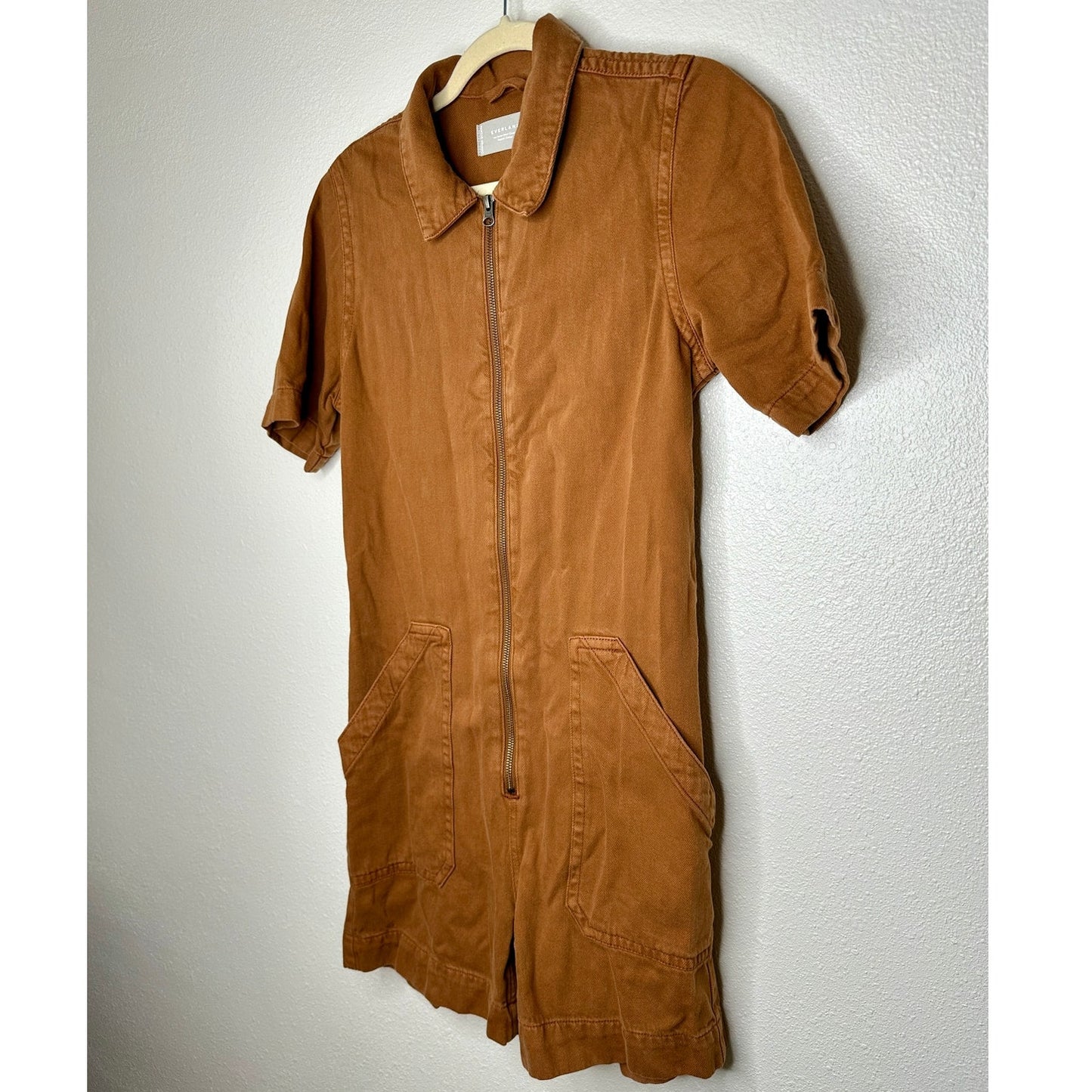 Everlane The Denim Short Coverall Organic Cotton Brown Rust Romper 6
