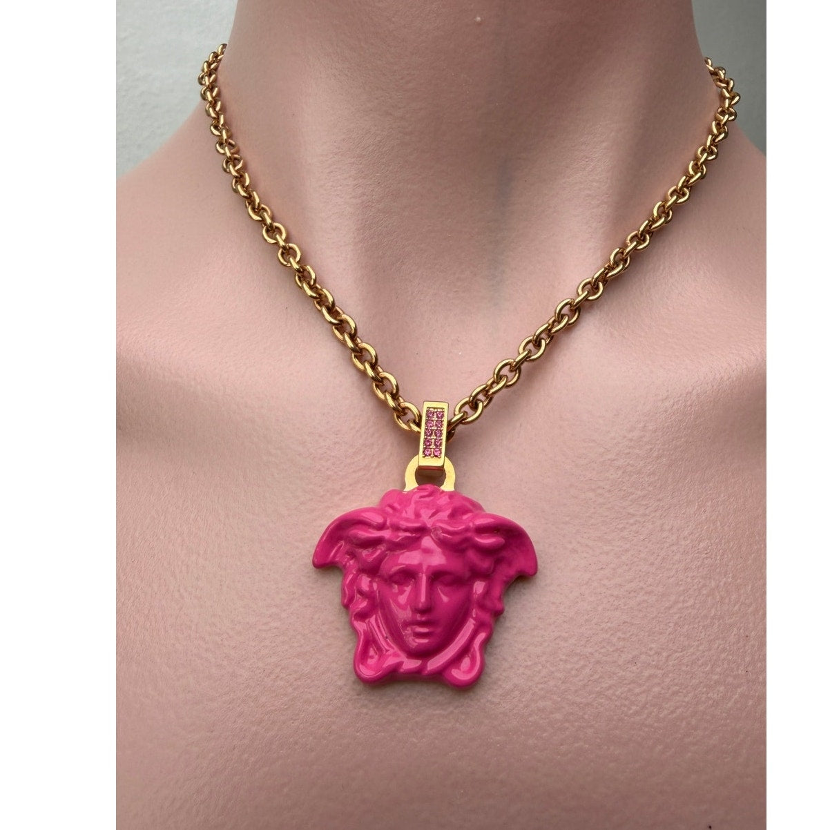 Versace Medusa Pink Resin Gold Tone Pendant Necklace