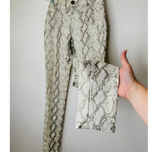 Caribbean Queen Cream & Silver Metallic Snake Print Front Zip Skinny Jegging S