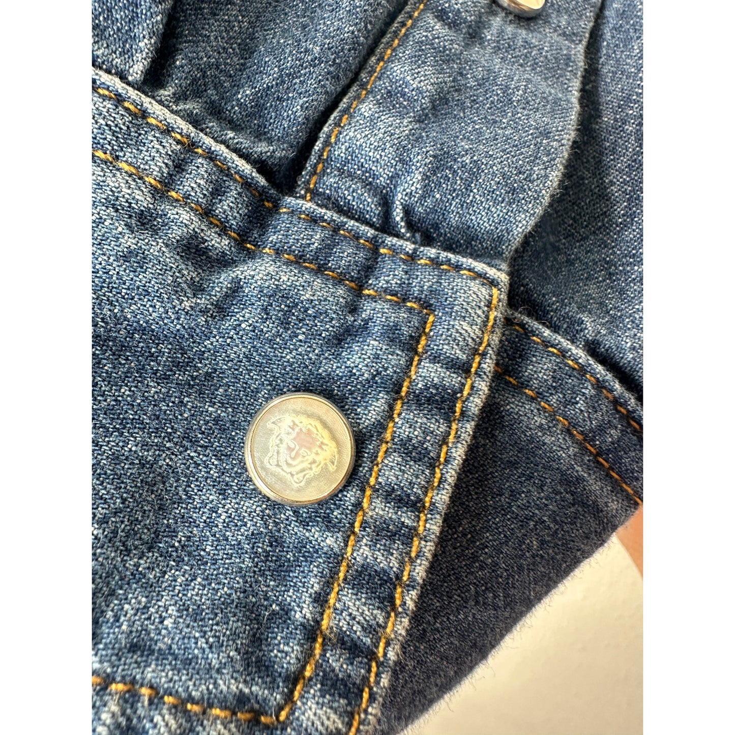 Versace Blue Denim Long Sleeve Pearl Snap Yellow Versace Logo Shirt 41 / Medium