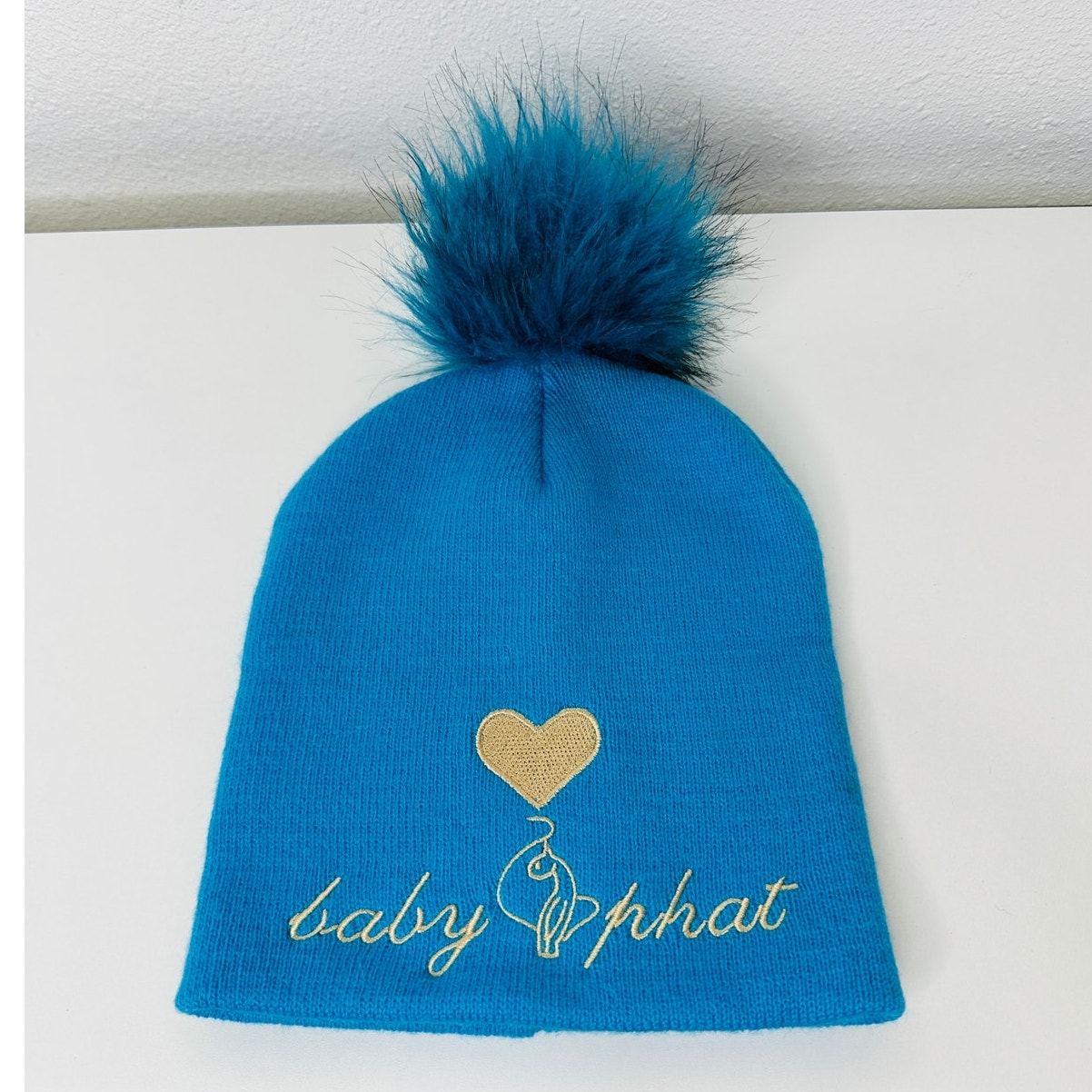 Baby Phat Blue with Gold Logo and Heart Pom Beanie OS