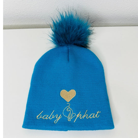 Baby Phat Blue with Gold Logo and Heart Pom Beanie OS