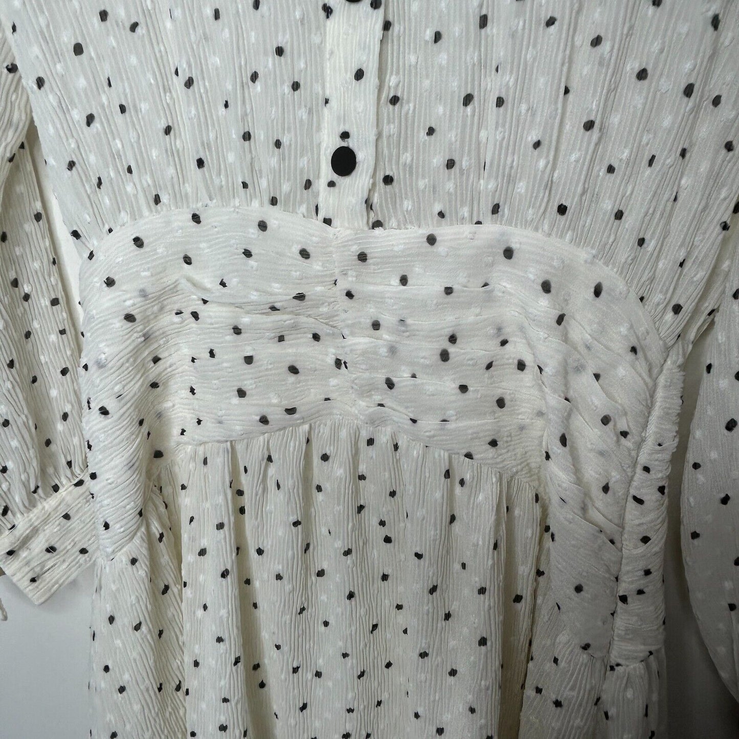 Zara Cream Black Dotted Swiss Long Sleeve 1/2 Button Collared Ruffle Hem Dress