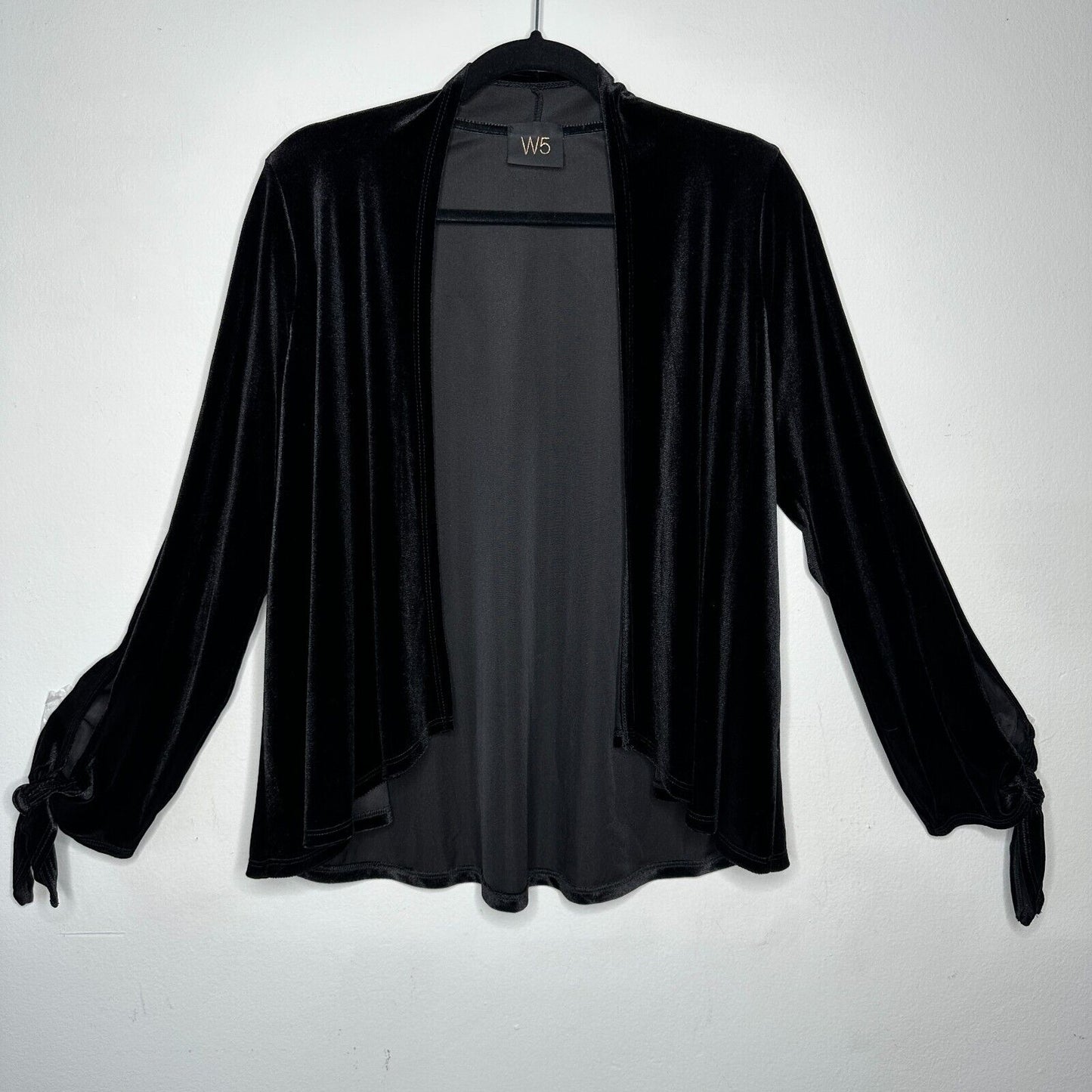 Jet Black Velvet Velour Waterfall Open Front Cardigan Long Sleeve with Ties M