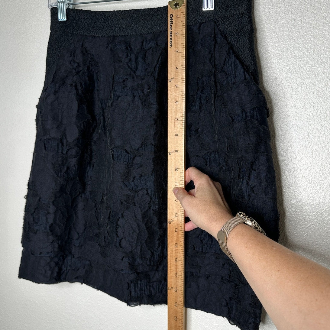 H&M Black Tiered Burnout Jacquard Weave Lace Pockets Back Zip Mini Skirt 8