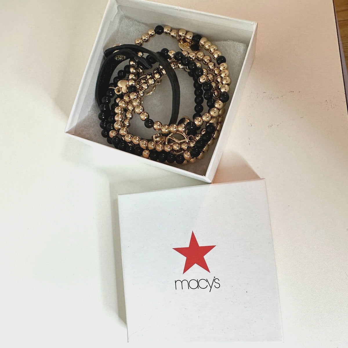 NWOT Macy's Black & Gold Multilayer Skull Heart Peace Bead Leather Wrap Bracelet