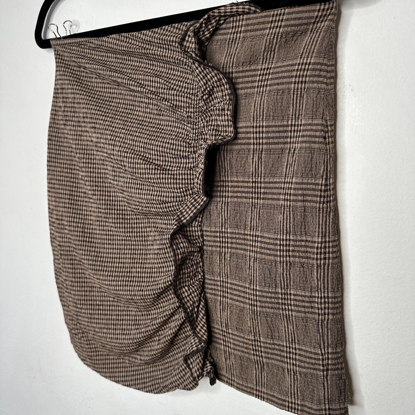 Mango Brown Plaid Checkerboard Mix Fabric Side Ruffle ALine Back Zip Skirt Med