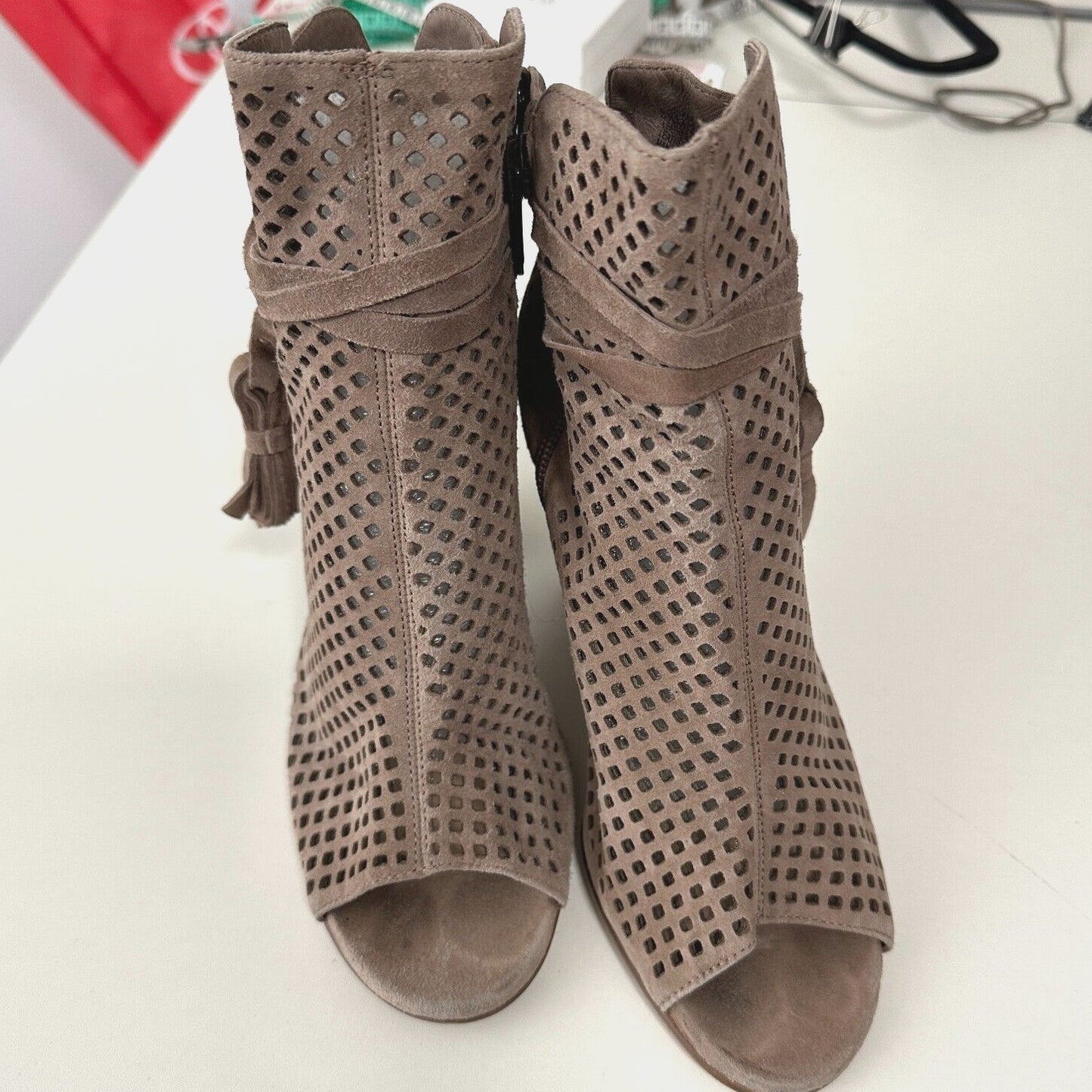 Vince Camuto Kamey Tan Taupe Suede Laser Cut Open Toe Tie Tassel Zip Booties 5.5