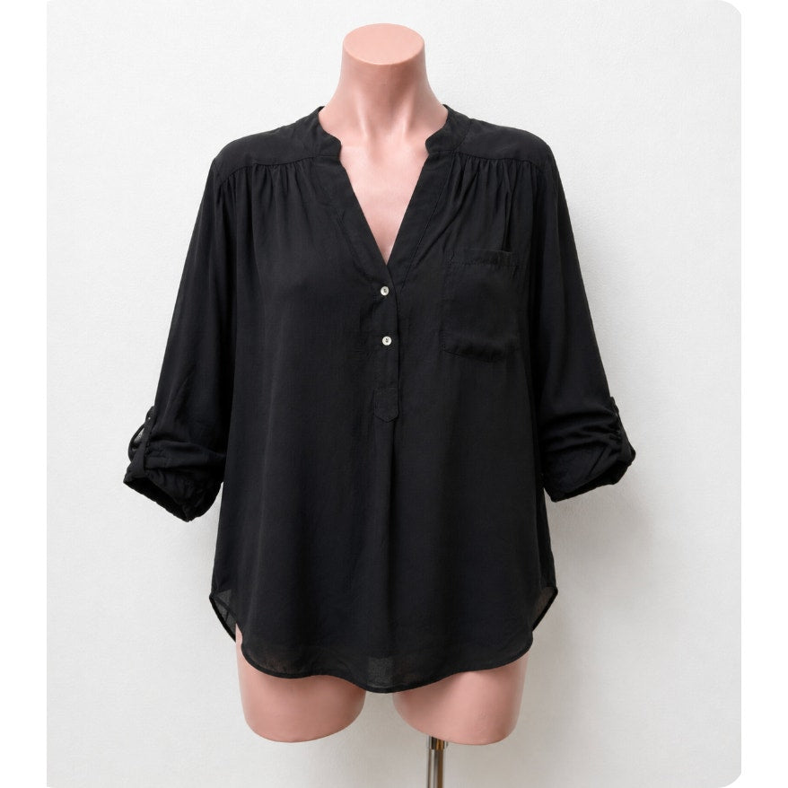 Ellison Black Satin V-Neck Front Button with Pockets Long Sleeve Blouse S