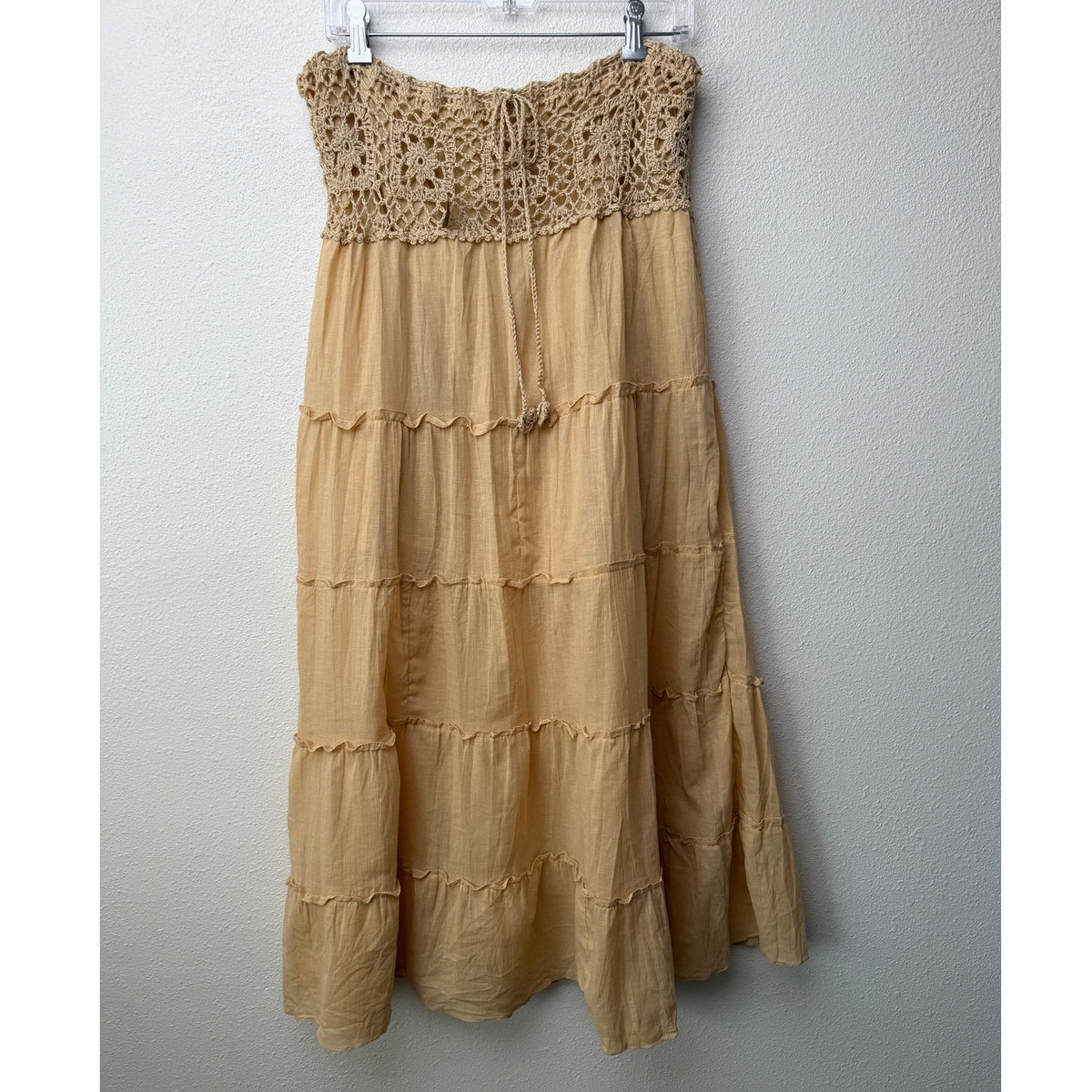 GUC Beige Crochet Waist Cotton Tiered Maxi Skirt Women