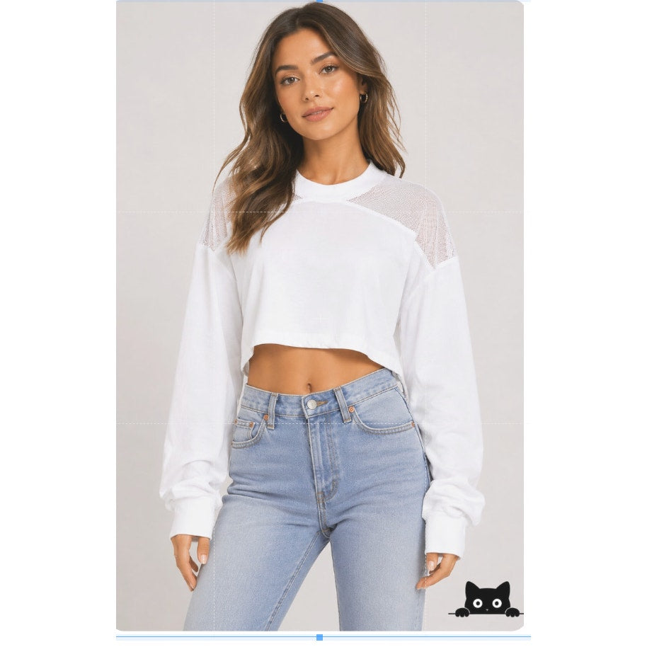 NWT Kendall & Kylie White Mesh Shoulder Raw Hem Long Sleeve Crop Blouse S