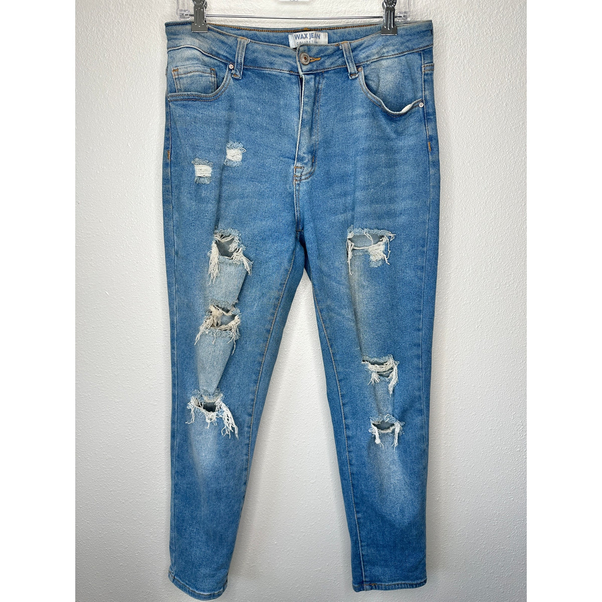 Wax Jean Collection Medium Wash Distressed Holes Boyfriend Denim Jeans 30