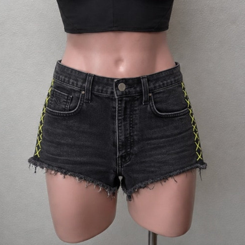 Vans Jesse Jo Black Distressed Raw Hem High Waist Short Lime-Green Side Stitch 9
