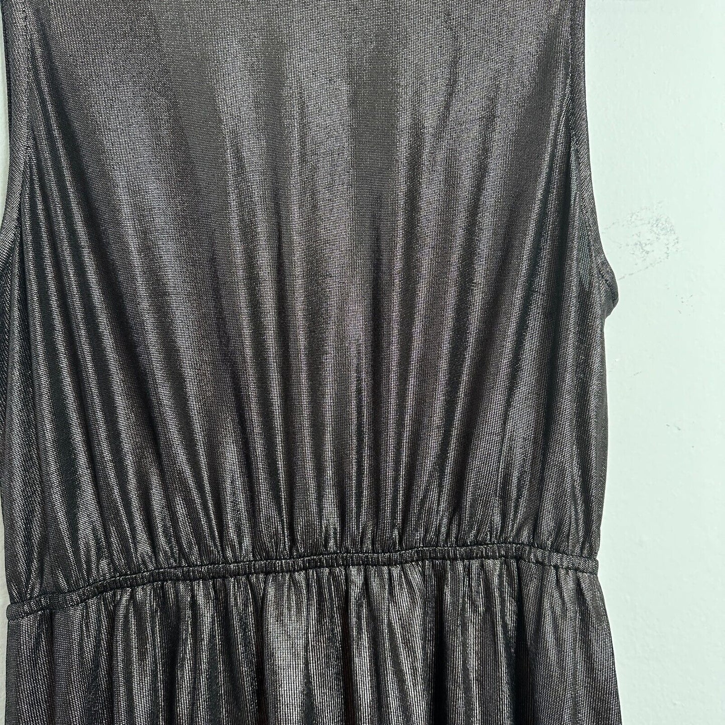 About Us Meredith Plunge Maxi Deep VNeck Sleeveless Shiny Bronze Metallic Small