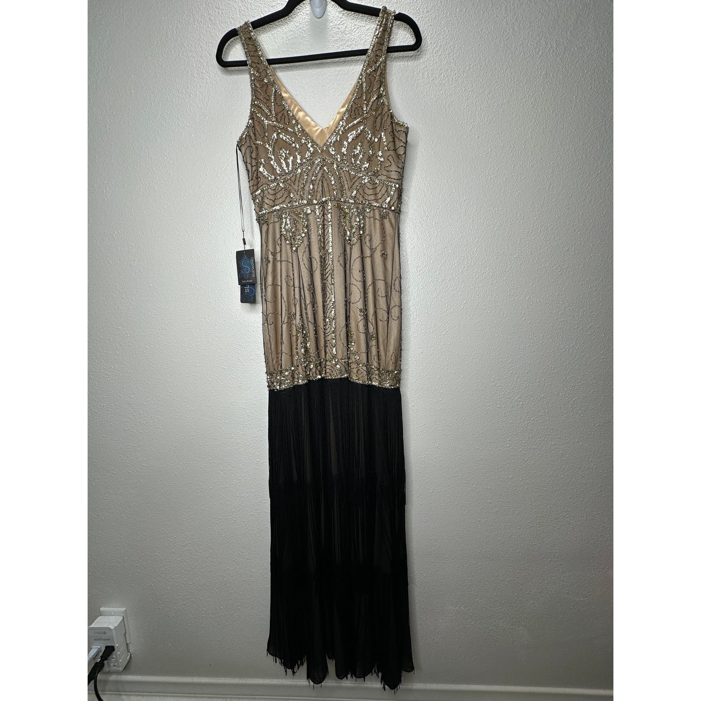 NWT Sue Wong Beaded Gold Mesh Top Black Fringe Bottom Evening Dress 8