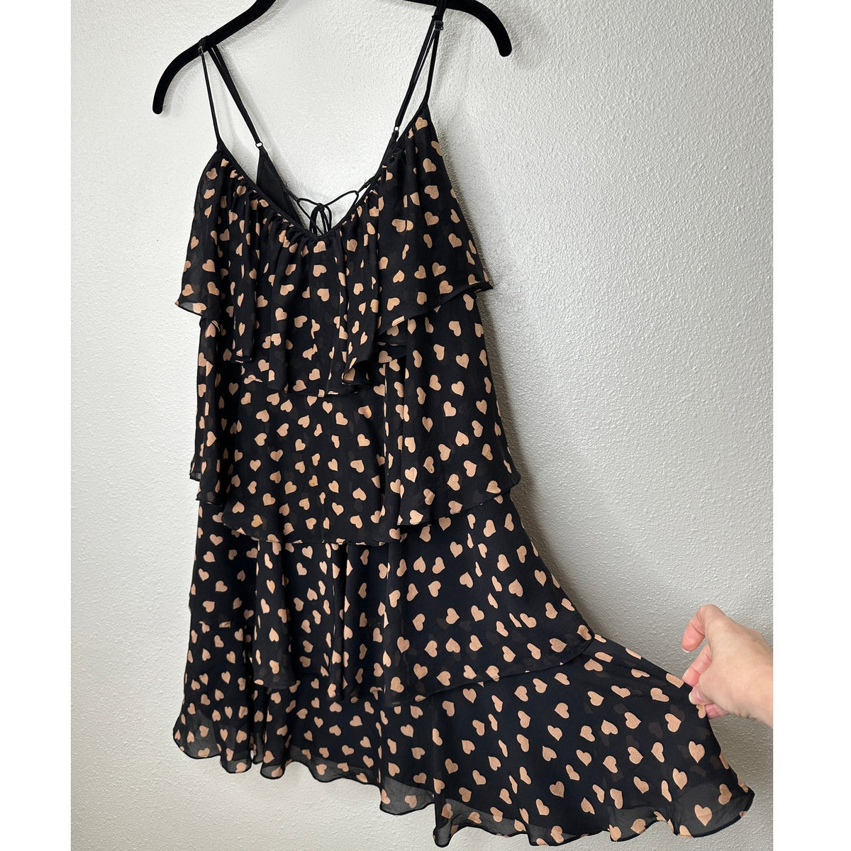 Carina Duek Black Peach Polka Dot Heart Vneck Tiered Ruffle Mini 40 / S