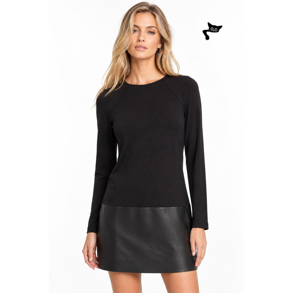 Bailey 44 Black Faux Leather Hem Long Sleeve Mini Dress Women's US XS