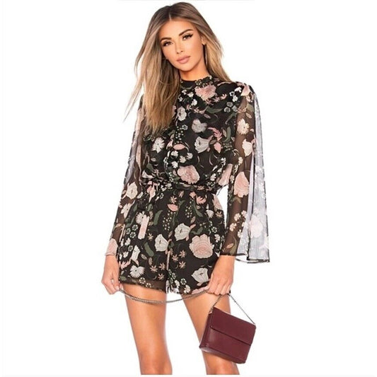 BB Dakota Tullia Black Pink Gray Floral Long Bell Sleeve Romper Mock Neck S