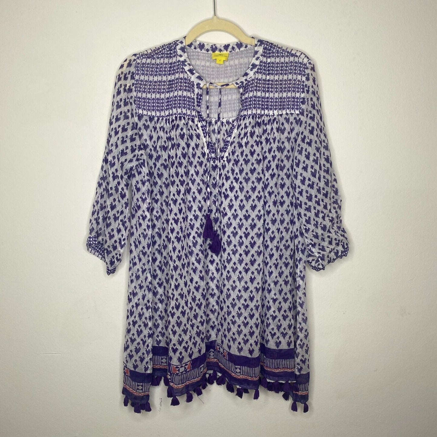 Roberta Roller Rabbit White Purple Sheer Serafina Pom Pom Tunic Top Tie Tassels