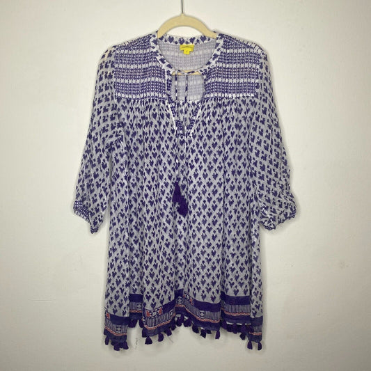Roberta Roller Rabbit White Purple Sheer Serafina Pom Pom Tunic Top Tie Tassels