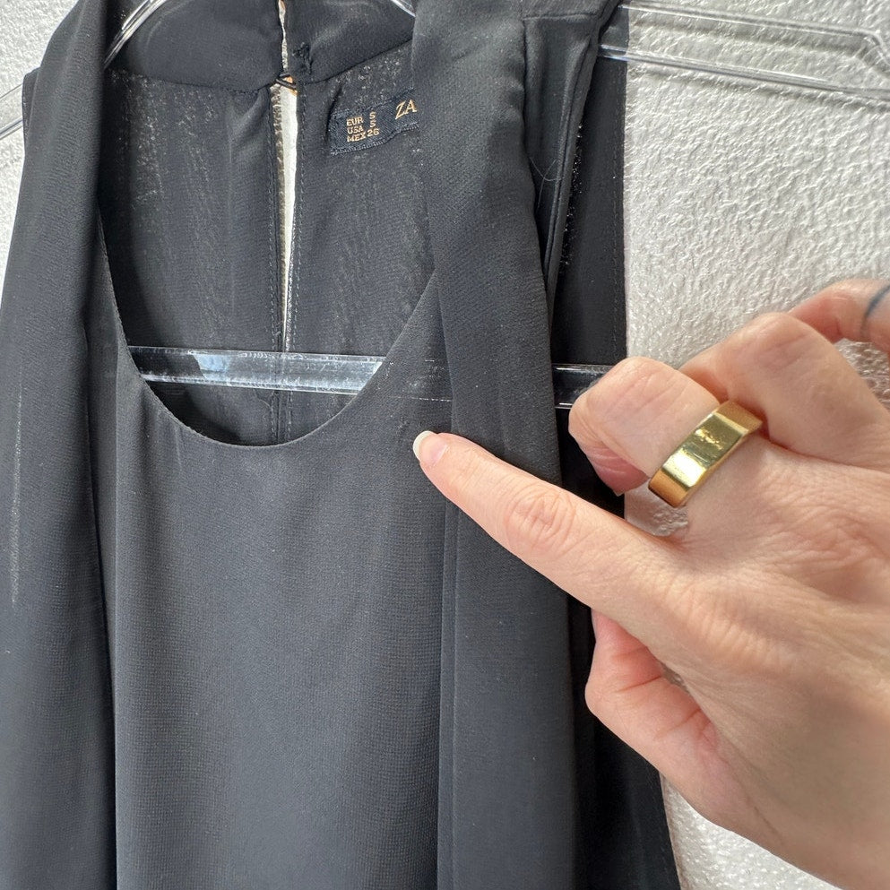 Zara Basic Black Sheer Mesh High Neck Sleeveless Keyhole Back Romper S